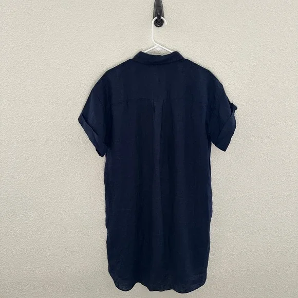 J.Crew Capitane Linen Shirt Dress Navy Blue Short Sleeve Button Front Coastal M - Picture 5 of 8
